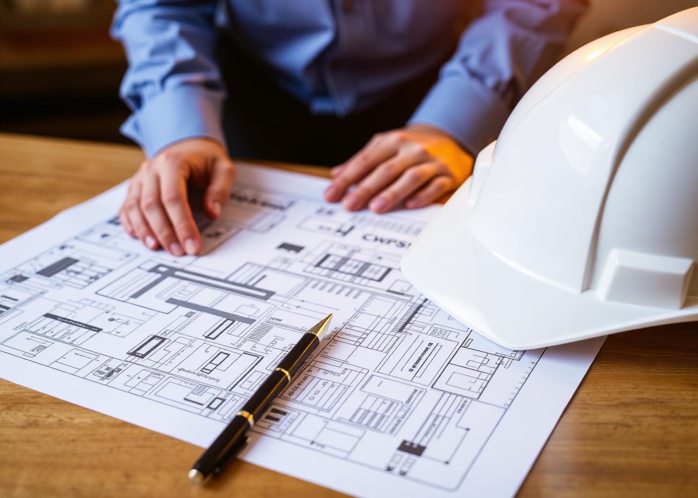 Construction planning with blueprints and hard hat